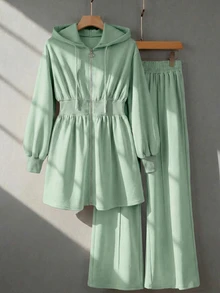 Seusyu Burgundy Slimming Zip-Up Hooded Casual Long Sleeve Jacket & Pants 2 Pieces Set For Women, Autumn/Winter - Green - View 3