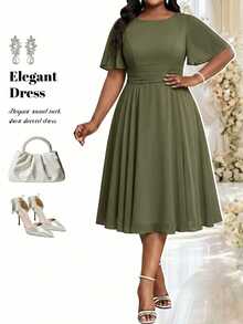 Fleurora Plus Size Summer Elegant Solid Color Waist-Cinching Dress Wedding Cocktail Party Olive Green - Army Green - View 1