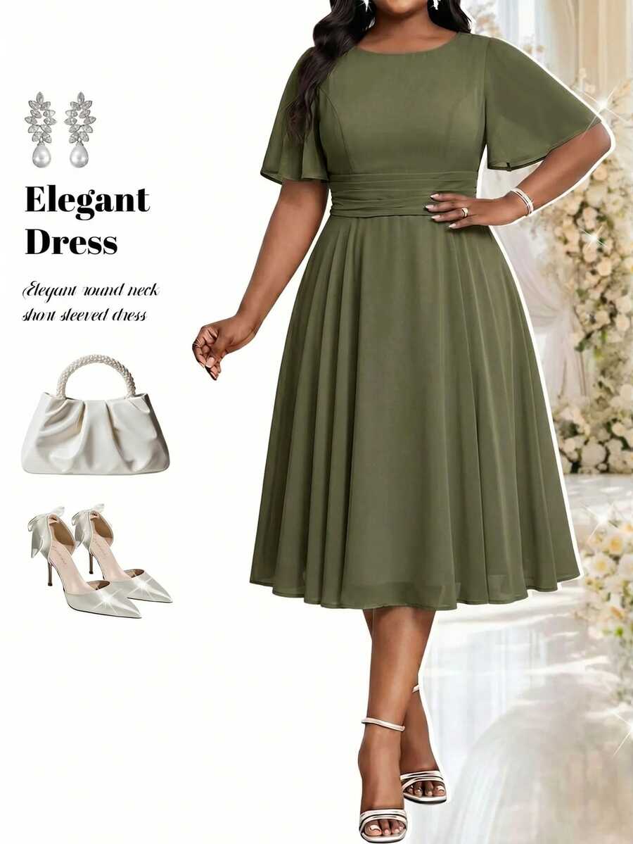 Fleurora Plus Size Summer Elegant Solid Color Waist-Cinching Dress Wedding Cocktail Party Olive Green - Army Green - View 1