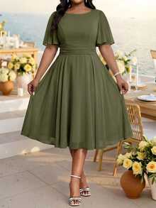 Fleurora Plus Size Summer Elegant Solid Color Waist-Cinching Dress Wedding Cocktail Party Olive Green - Army Green - View 3