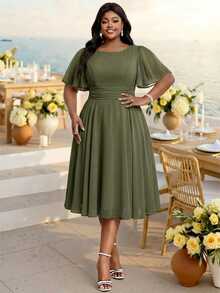 Fleurora Plus Size Summer Elegant Solid Color Waist-Cinching Dress Wedding Cocktail Party Olive Green - Army Green - View 4
