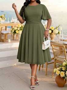 Fleurora Plus Size Summer Elegant Solid Color Waist-Cinching Dress Wedding Cocktail Party Olive Green - Army Green - View 5