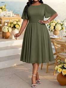 Fleurora Plus Size Summer Elegant Solid Color Waist-Cinching Dress Wedding Cocktail Party Olive Green - Army Green - View 7
