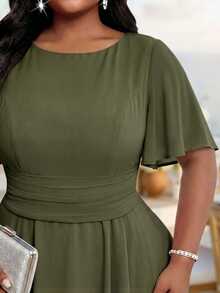 Fleurora Plus Size Summer Elegant Solid Color Waist-Cinching Dress Wedding Cocktail Party Olive Green - Army Green - View 6
