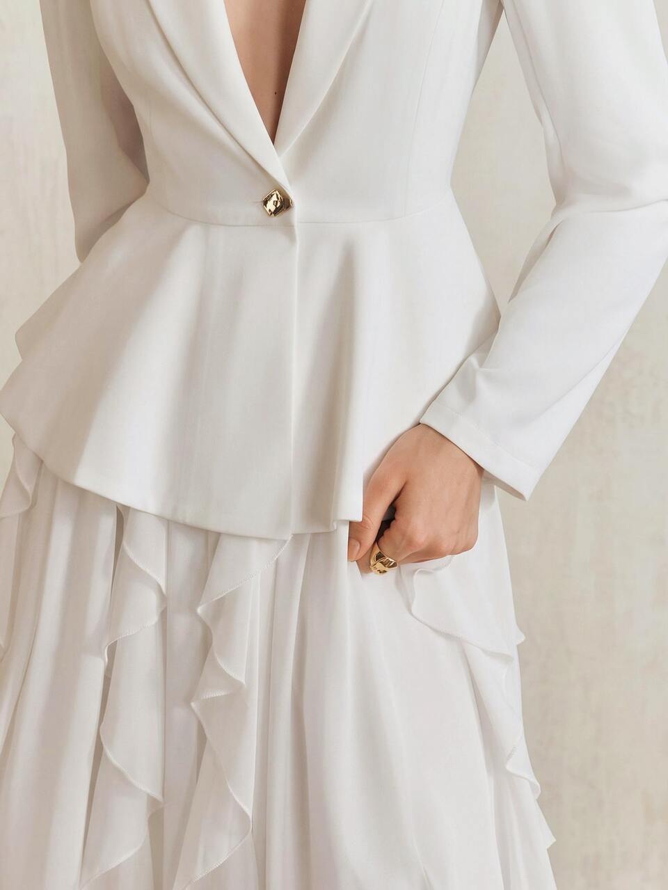 Women's New Autumn/Winter Elegant Blazer Collar Waist-Cinching Slimming Puff Sleeve Top + Ruffle Design Chiffon Waist-Cinching Skirt 2-Piece Set, Suitable For Vacation, Party, Holiday, Gathering