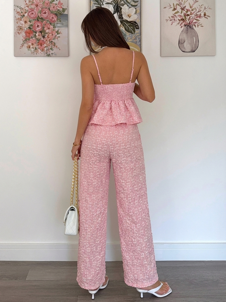 Siren Gaze Women's Pink Checkered Textured Camisole Top And Pants 2 Pieces Set Vacation Summer Elegant Romantic - Pink - View 3