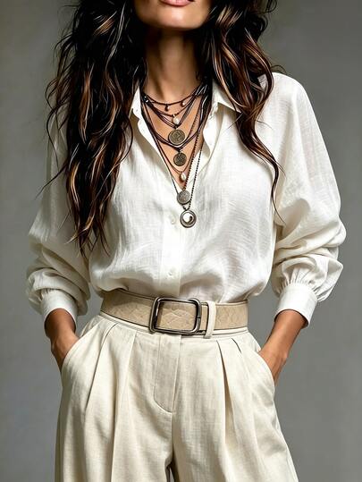 SHEIN Camicia da donna inizio autunno nuova classica elegante color albicocca a maniche lunghe con colletto, texture in finto lino, vestibilità basic classica semplice, tessuto con texture naturale, bottoni monospalla dello stesso colore, design con spalle cadenti ampio adatto a tutti i tipi di corpo, stile minimalista di alta gamma per pendolari, perfetta per ufficio e abbigliamento casual
