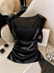 SHEIN Franclia Women's New Minimalist Versatile Semi-Sheer Commuter Elegant Slim Fit T-Shirt - Black - View 2