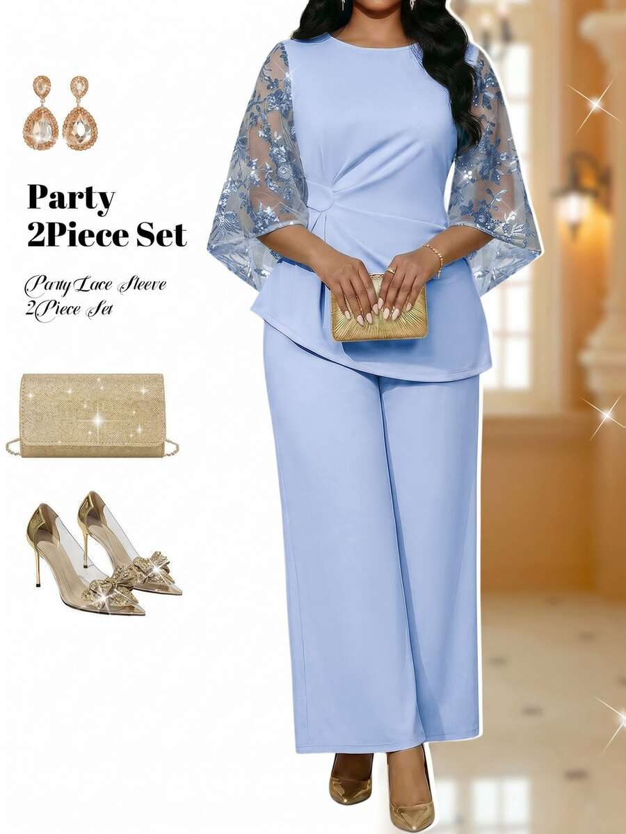 Fleurora Elegant Women's Light Blue Two-Piece Set With Sequin Embroidered Bell Sleeves And Wide Leg Pants For Special Occasions - Blue - View 1