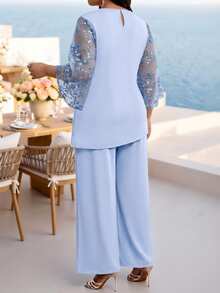 Fleurora Elegant Women's Light Blue Two-Piece Set With Sequin Embroidered Bell Sleeves And Wide Leg Pants For Special Occasions - Blue - View 2
