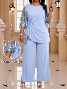 Fleurora Elegant Women's Light Blue Two-Piece Set With Sequin Embroidered Bell Sleeves And Wide Leg Pants For Special Occasions - Blue - View 3
