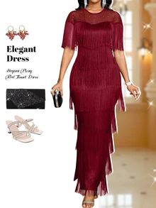 Fleurora Women's Elegant Fringe Trim Round Neck Dress, Suitable For Party ,Summer Dress,Spring Dresses For Women - Burgundy - View 1