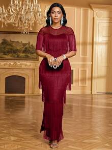Fleurora Women's Elegant Fringe Trim Round Neck Dress, Suitable For Party ,Summer Dress,Spring Dresses For Women - Burgundy - View 6