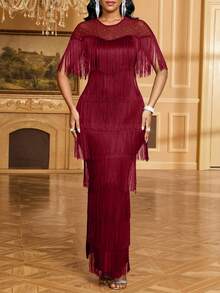 Fleurora Women's Elegant Fringe Trim Round Neck Dress, Suitable For Party ,Summer Dress,Spring Dresses For Women - Burgundy - View 7