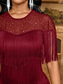 Fleurora Women's Elegant Fringe Trim Round Neck Dress, Suitable For Party ,Summer Dress,Spring Dresses For Women - Burgundy - View 8