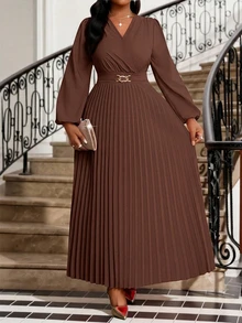 Fleurora Plus Size Solid Color Pleated Dress, Fashion Summer Church Women's Holiday Dress - Brown - View 6
