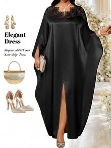 Fleurora 大码优雅派对蕾丝拼接连衣裙，黑色 - 黑色 - 查看 1