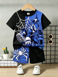SHEIN 1 Random Set Print Short Sleeve Top And Shorts Set, Casual Style, Holiday Outfit, Back To School - Multicolor - View 5