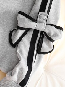 SHEIN Tween Girls Fall Clothes Fall Bow Knot Striped Sleeve Crewneck Sweatshirt Casual Heather Grey Drop Shoulder Pullover Top - Grey - View 4