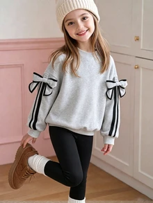 SHEIN Tween Girls Fall Clothes Fall Bow Knot Striped Sleeve Crewneck Sweatshirt Casual Heather Grey Drop Shoulder Pullover Top - Grey - View 3