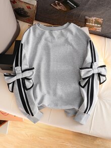 SHEIN Tween Girls Fall Clothes Fall Bow Knot Striped Sleeve Crewneck Sweatshirt Casual Heather Grey Drop Shoulder Pullover Top - Grey - View 2