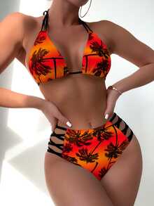 SHEIN Swim 女款夏季海灘度假棕櫚樹印花掛脖綁帶熱帶比基尼泳裝套裝（印花隨機）度假橘色與黃色 - 彩色 - 查看 1