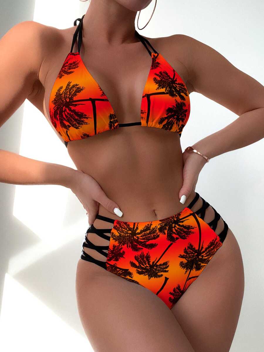 SHEIN Swim 女款夏季海灘度假棕櫚樹印花掛脖綁帶熱帶比基尼泳裝套裝(印花隨機)度假橘色與黃色 - 彩色 - 查看 1