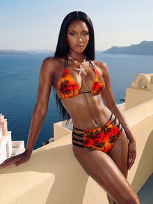 SHEIN Swim 女款夏季海灘度假棕櫚樹印花掛脖綁帶熱帶比基尼泳裝套裝（印花隨機）度假橘色與黃色 - 彩色 - 查看 4