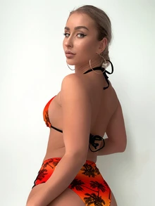 SHEIN Swim 女款夏季海灘度假棕櫚樹印花掛脖綁帶熱帶比基尼泳裝套裝（印花隨機）度假橘色與黃色 - 彩色 - 查看 2