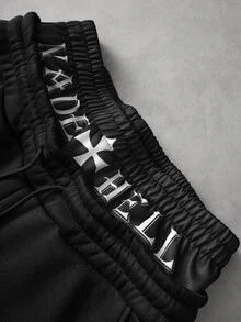 Manfinity Roghcode Men Cross Embroidery Detail Letter Graphic 2 In 1 Drawstring Waist Streetwear Sweatpants , Goth - Black - View 5