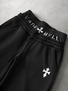Manfinity Roghcode Men Cross Embroidery Detail Letter Graphic 2 In 1 Drawstring Waist Streetwear Sweatpants , Goth - Black - View 2