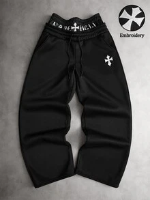 Manfinity Roghcode Men Cross Embroidery Detail Letter Graphic 2 In 1 Drawstring Waist Streetwear Sweatpants , Goth - Black - View 1