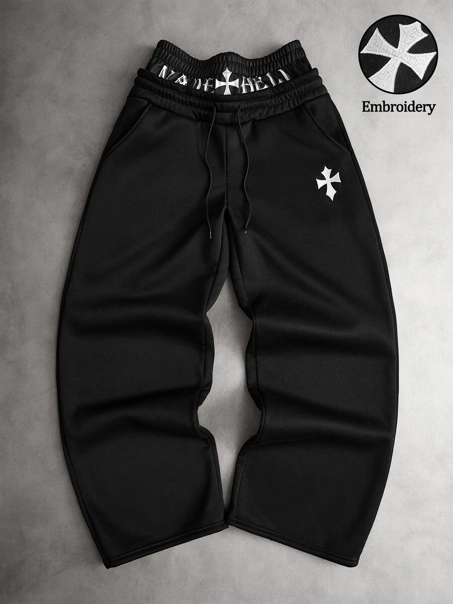 Manfinity Roghcode Men Cross Embroidery Detail Letter Graphic 2 In 1 Drawstring Waist Streetwear Sweatpants , Goth - Black - View 1