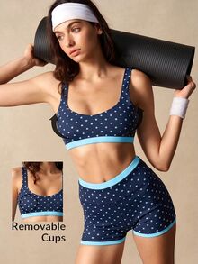 VARSIVA 女款拼色波點短版上衣與高腰短褲休閒日常運動套裝 - 藏蓝色 - 查看 11