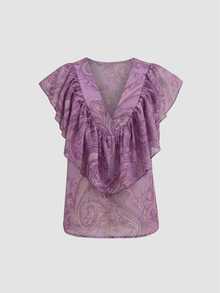 Hotletica Women's Elegant Chiffon Printed Ruffle Top - Mauve Purple - View 3