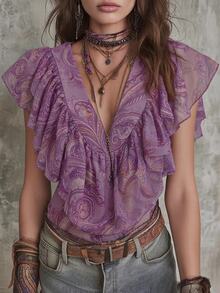 Hotletica Women's Elegant Chiffon Printed Ruffle Top - Mauve Purple - View 1