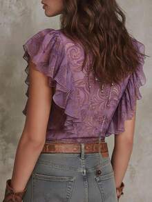 Hotletica Women's Elegant Chiffon Printed Ruffle Top - Mauve Purple - View 2