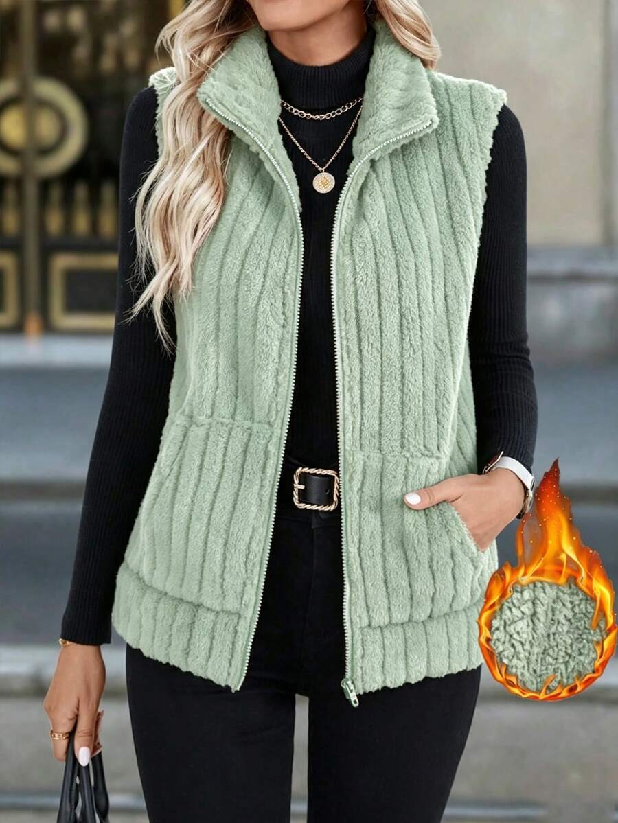 EMERY ROSE Women's Solid Color Zipper Casual Versatile Daily Travel Vest Jacket - Olive Green - View 1