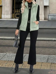 EMERY ROSE Women's Solid Color Zipper Casual Versatile Daily Travel Vest Jacket - Olive Green - View 6