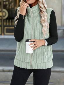 EMERY ROSE Women's Solid Color Zipper Casual Versatile Daily Travel Vest Jacket - Olive Green - View 3