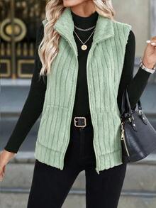 EMERY ROSE Women's Solid Color Zipper Casual Versatile Daily Travel Vest Jacket - Olive Green - View 5