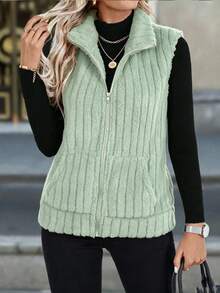 EMERY ROSE Women's Solid Color Zipper Casual Versatile Daily Travel Vest Jacket - Olive Green - View 4