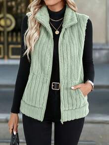 EMERY ROSE Women's Solid Color Zipper Casual Versatile Daily Travel Vest Jacket - Olive Green - View 8