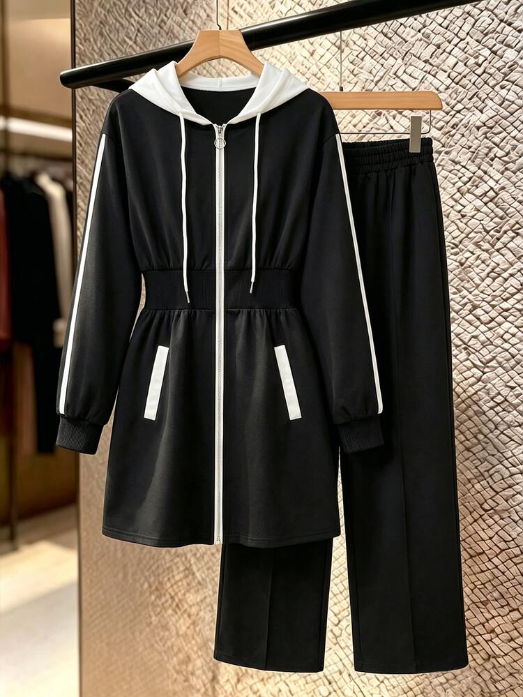 Rue Lumi Women's 2pcs Set Slimming Zipper Hooded Casual Long Sleeve Fashion Jacket And Casual Pants, Autumn/Winter Gym Black - Multicolor - View 7
