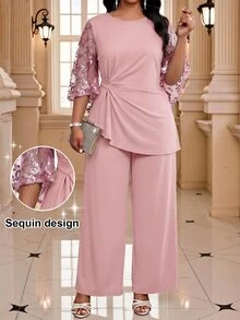 Fleurora Elegant Women's Pink Tunic Top And Wide Leg Pants Set With Mesh And Sequin Sleeves Perfect For Special Occasions - Pink - View 3