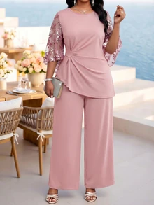 Fleurora Elegant Women's Pink Tunic Top And Wide Leg Pants Set With Mesh And Sequin Sleeves Perfect For Special Occasions - Pink - View 5