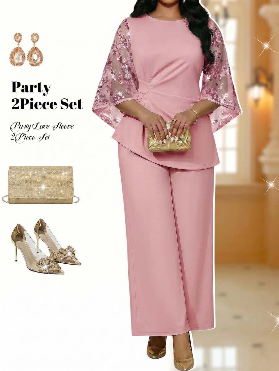 Fleurora Elegant Women's Pink Tunic Top And Wide Leg Pants Set With Mesh And Sequin Sleeves Perfect For Special Occasions - Pink - View 1