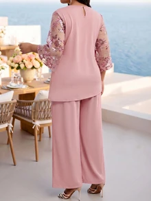 Fleurora Elegant Women's Pink Tunic Top And Wide Leg Pants Set With Mesh And Sequin Sleeves Perfect For Special Occasions - Pink - View 2