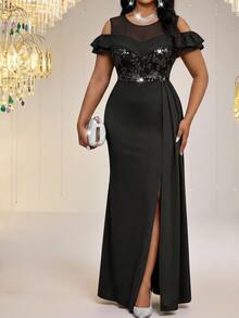 Fleurora Black Plus Size Women's Patchwork Floral Sequin Off-Shoulder Ruffle Elegant Goth Formal Dress Summer Special Occasions Cocktail Dinner Evening Wedding - Black - View 6