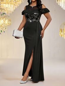 Fleurora Black Plus Size Women's Patchwork Floral Sequin Off-Shoulder Ruffle Elegant Goth Formal Dress Summer Special Occasions Cocktail Dinner Evening Wedding - Black - View 8
